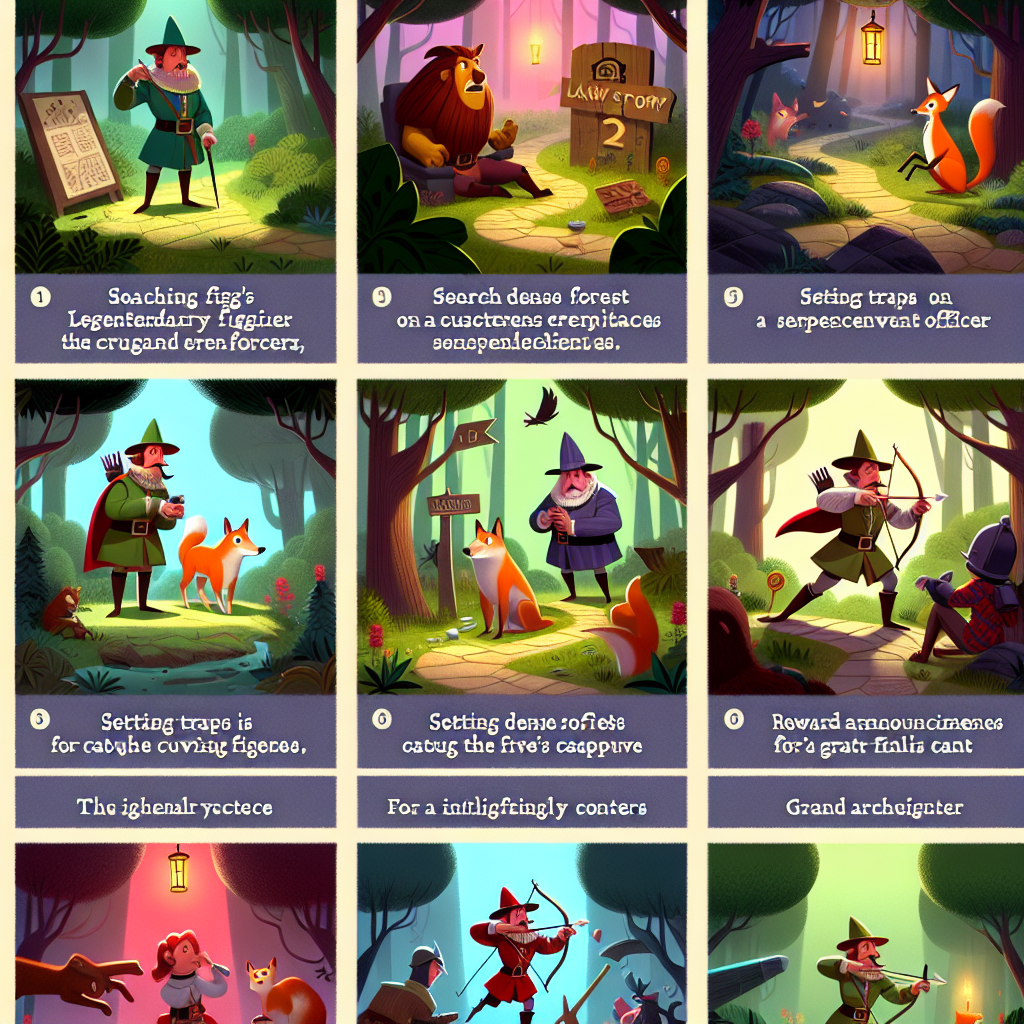 Colorful cartoon storyboard showing 8 key scenes from Robin Hood and the Sheriff’s Trap