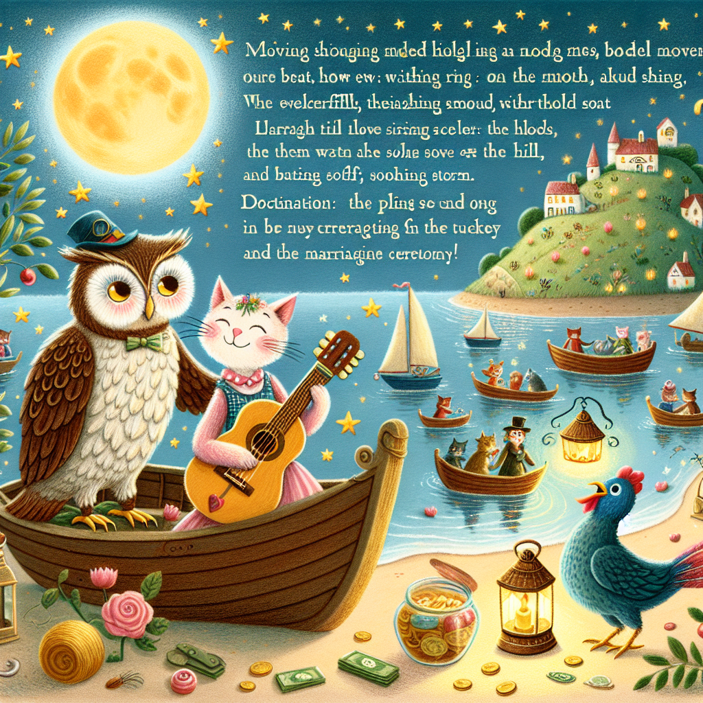 Colorful children's illustration for the story: The Owl and the Pussycat's Adventure
