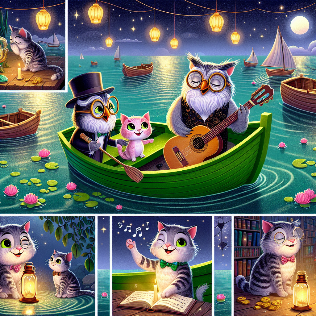 Colorful cartoon storyboard showing 8 key scenes from The Owl and the Pussycat's Adventure