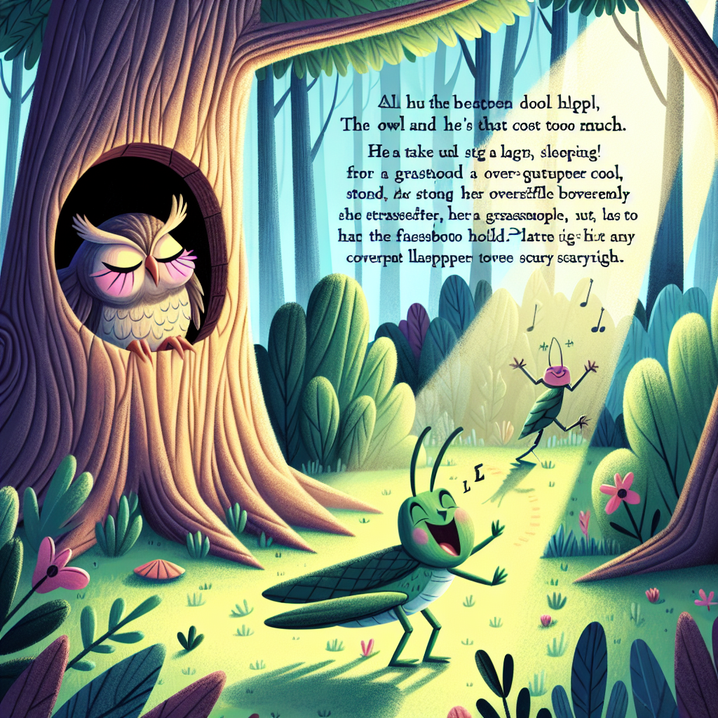 Colorful children's illustration for the story: The Owl and the Grasshopper