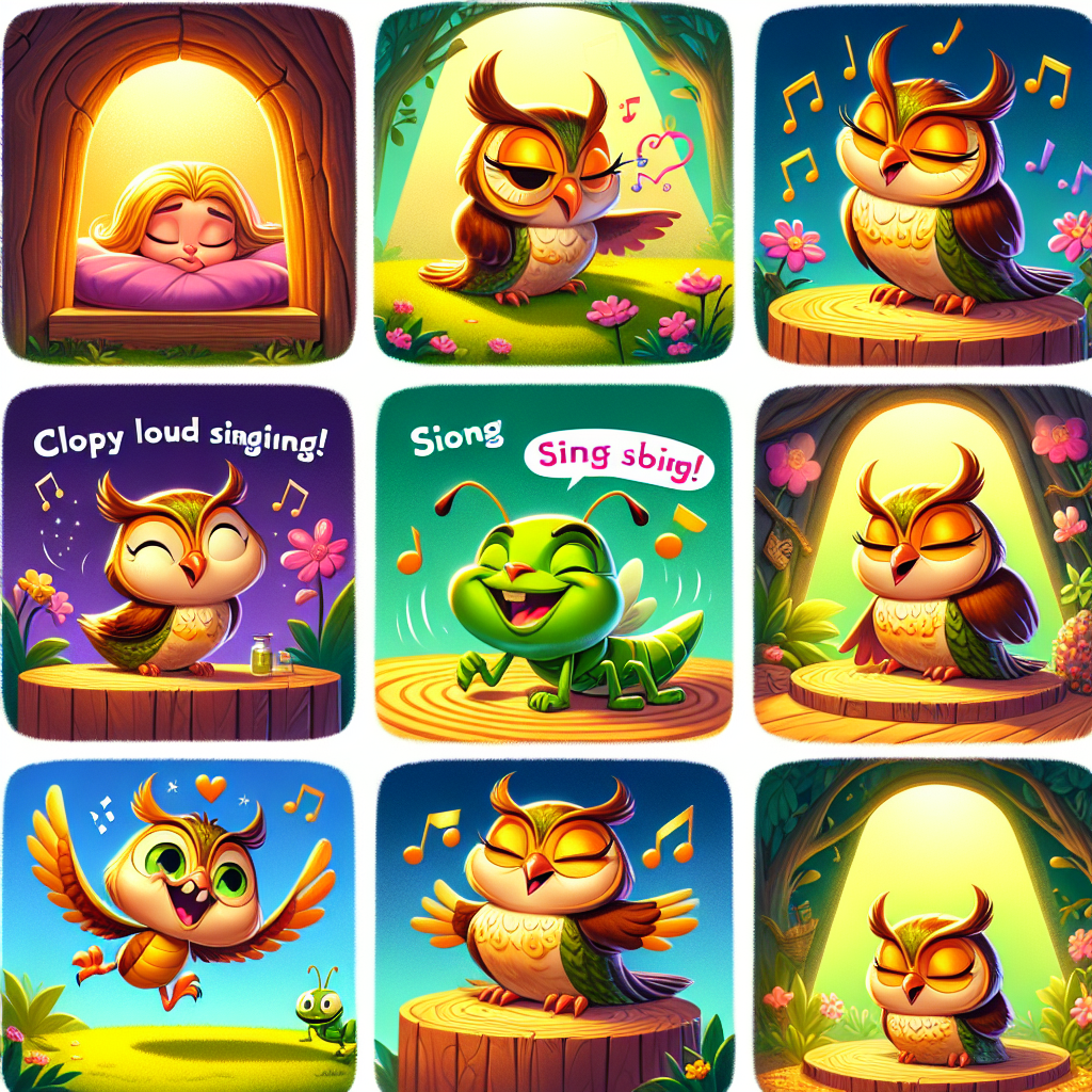 Colorful cartoon storyboard showing 8 key scenes from The Owl and the Grasshopper