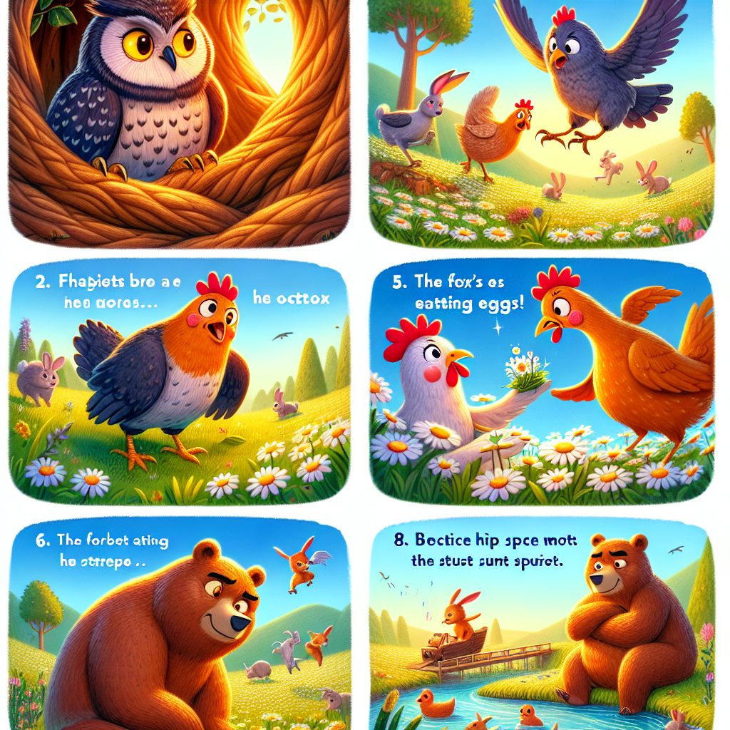 Colorful cartoon storyboard showing 8 key scenes from The Wise Owl