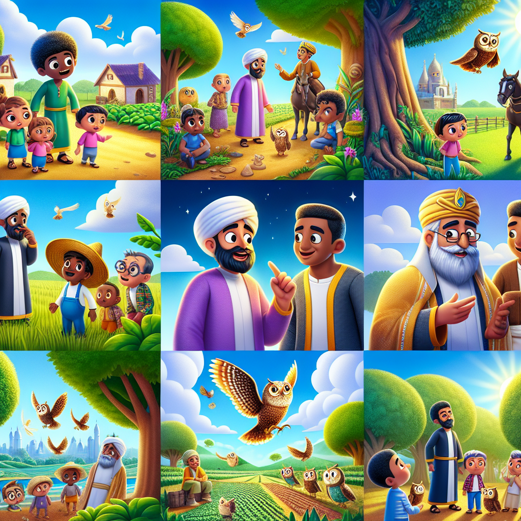 Colorful cartoon storyboard showing 8 key scenes from The Clever Farmer