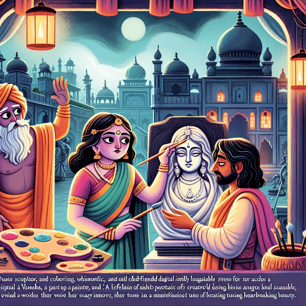 Colorful children's illustration for the story: The Sculptor's Heart