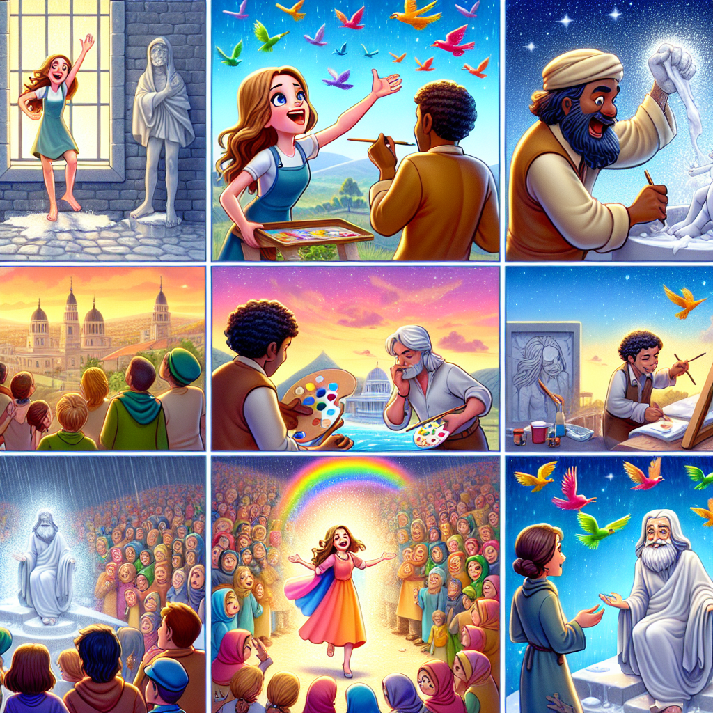 Colorful cartoon storyboard showing 8 key scenes from The Sculptor's Heart