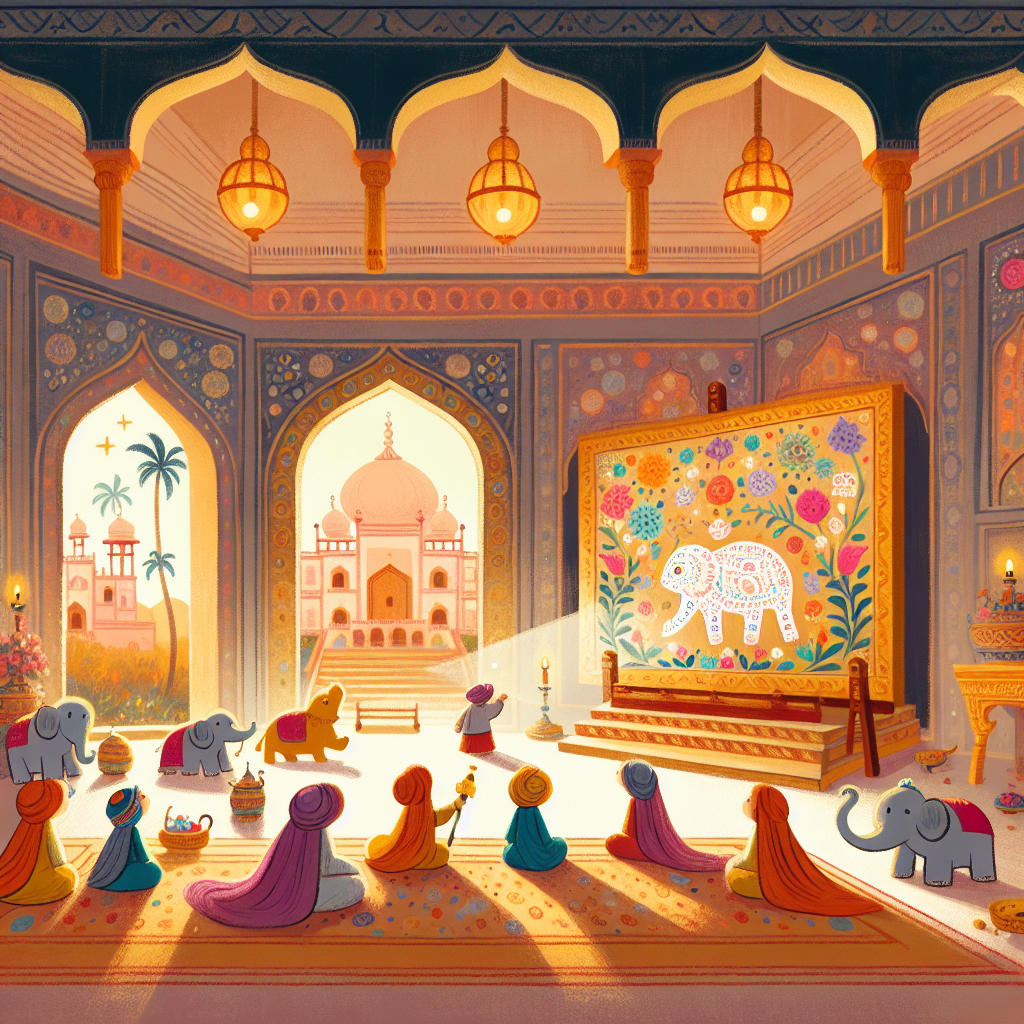 Colorful children's illustration for the story: Birbal and the Painting