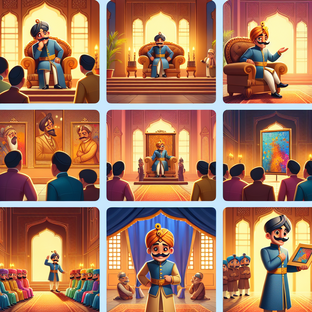 Colorful cartoon storyboard showing 8 key scenes from Birbal and the Painting