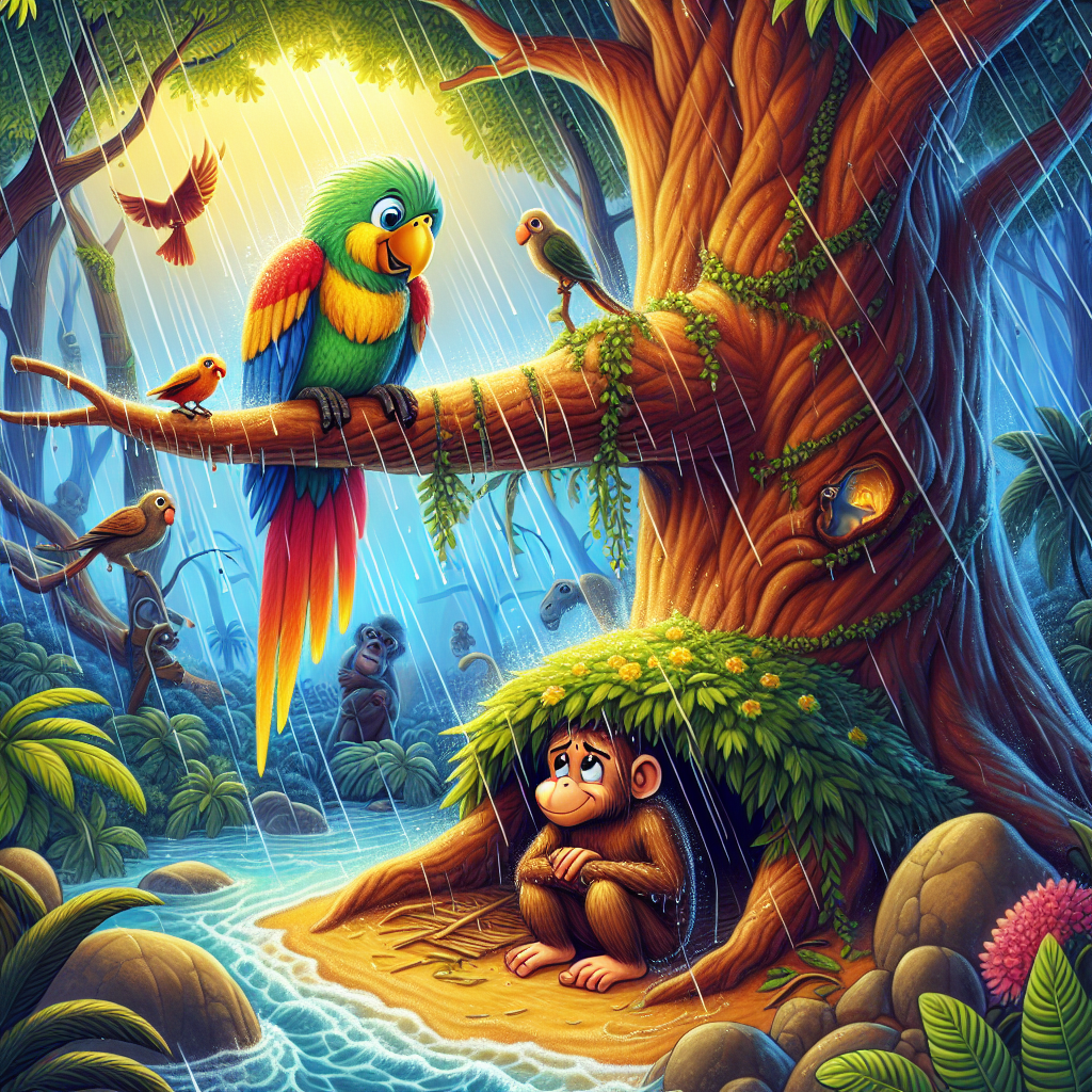 Colorful children's illustration for the story: The Parrot and the Monkey