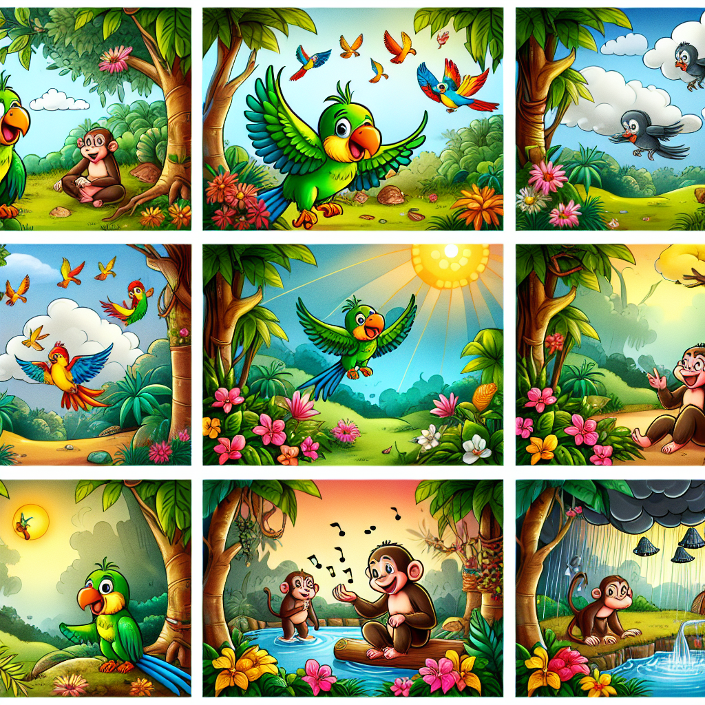 Colorful cartoon storyboard showing 8 key scenes from The Parrot and the Monkey