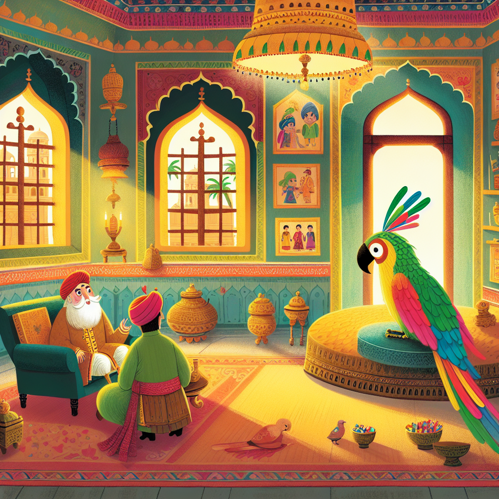 Colorful children's illustration for the story: The Parrot's Clever Escape