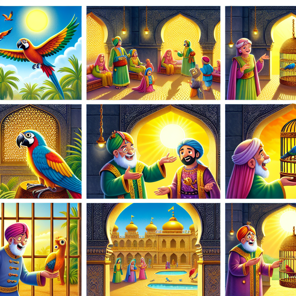 Colorful cartoon storyboard showing 8 key scenes from The Parrot's Clever Escape