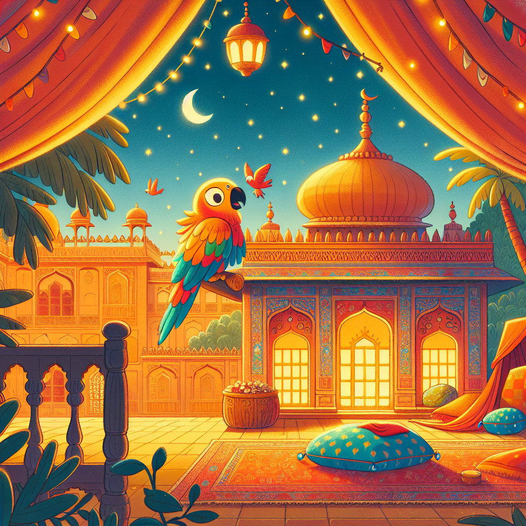 Colorful children's illustration for the story: The Clever Parrot