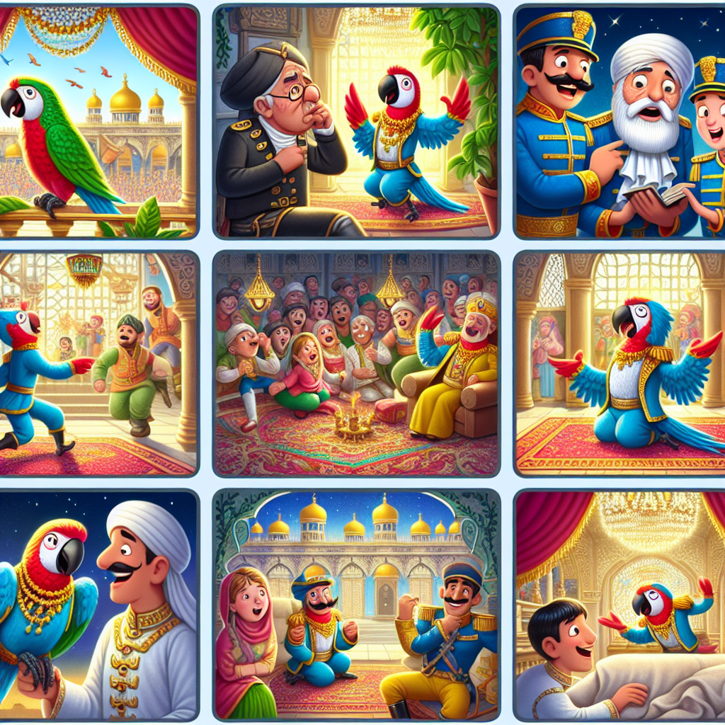 Colorful cartoon storyboard showing 8 key scenes from The Clever Parrot
