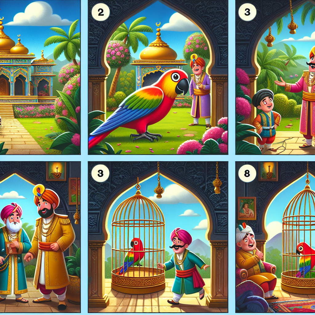 Colorful cartoon storyboard showing 8 key scenes from The Parrot's Silent Secret
