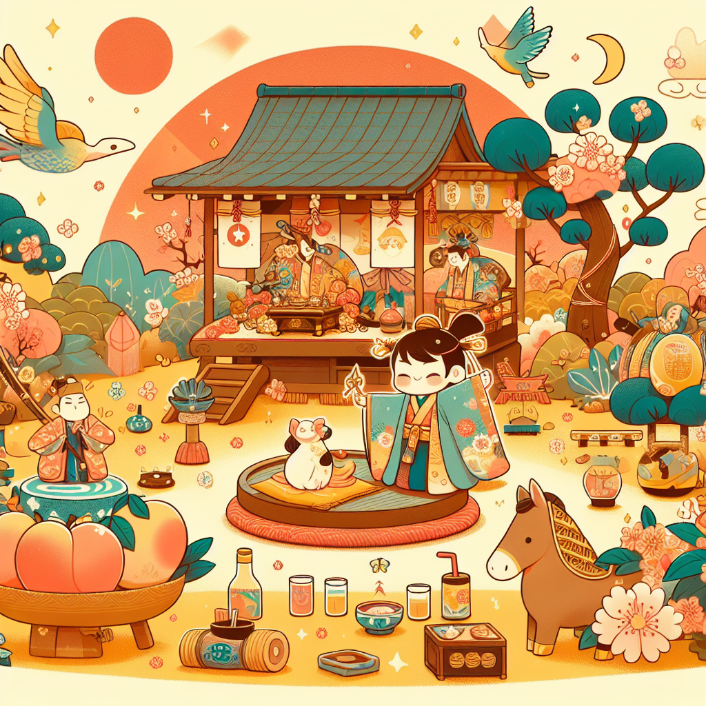 Colorful children's illustration for the story: Momotaro, The Peach Boy