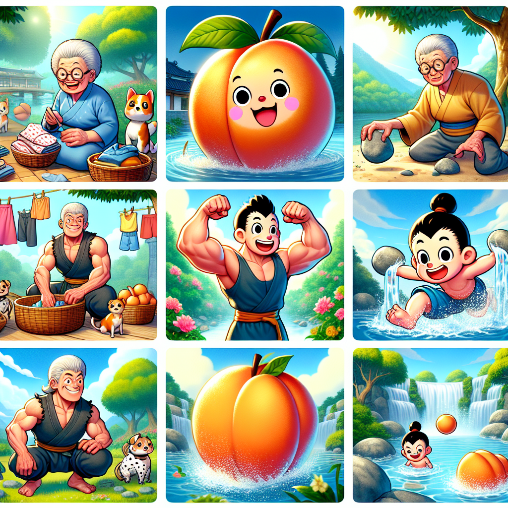 Colorful cartoon storyboard showing 8 key scenes from Momotaro, The Peach Boy