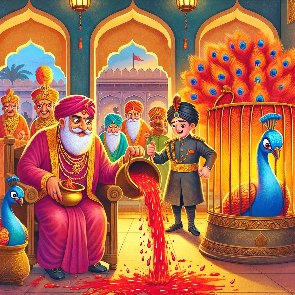 Colorful children's illustration for the story: The Peacock That Lost Its Colors