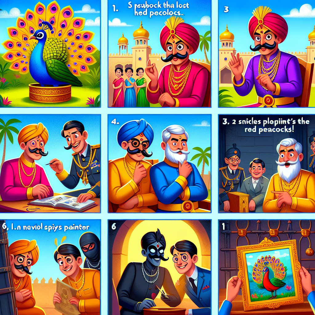 Colorful cartoon storyboard showing 8 key scenes from The Peacock That Lost Its Colors
