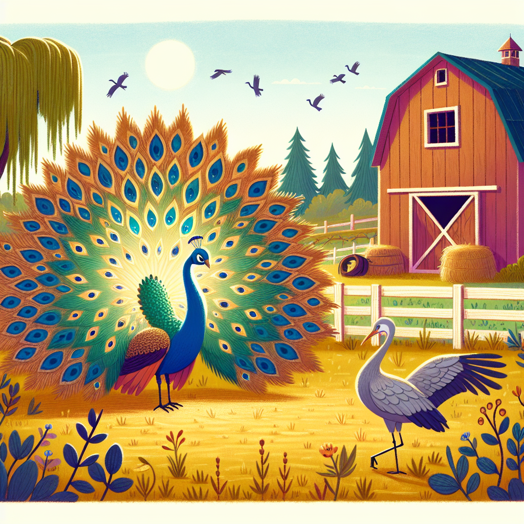 Colorful children's illustration for the story: The Peacock and the Crane