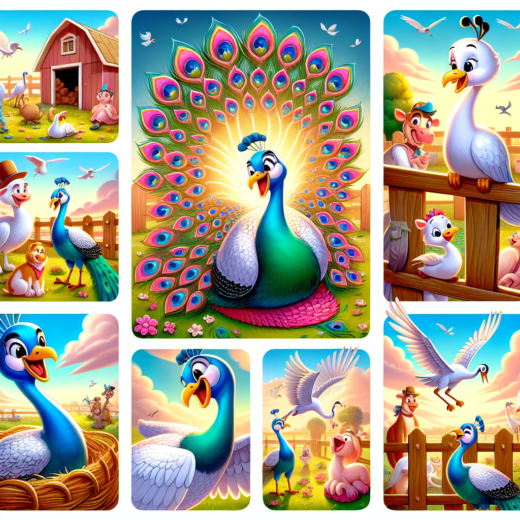 Colorful cartoon storyboard showing 8 key scenes from The Peacock and the Crane