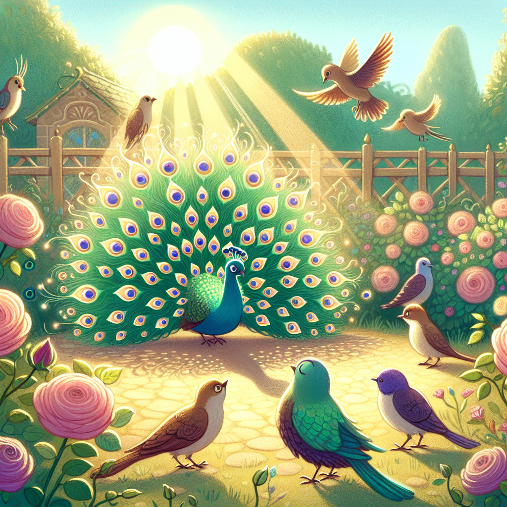 Colorful children's illustration for the story: The Peacock and the Crow