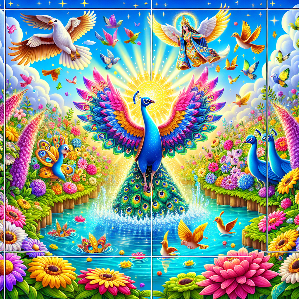 Colorful cartoon storyboard showing 8 key scenes from The Peacock and the Crow