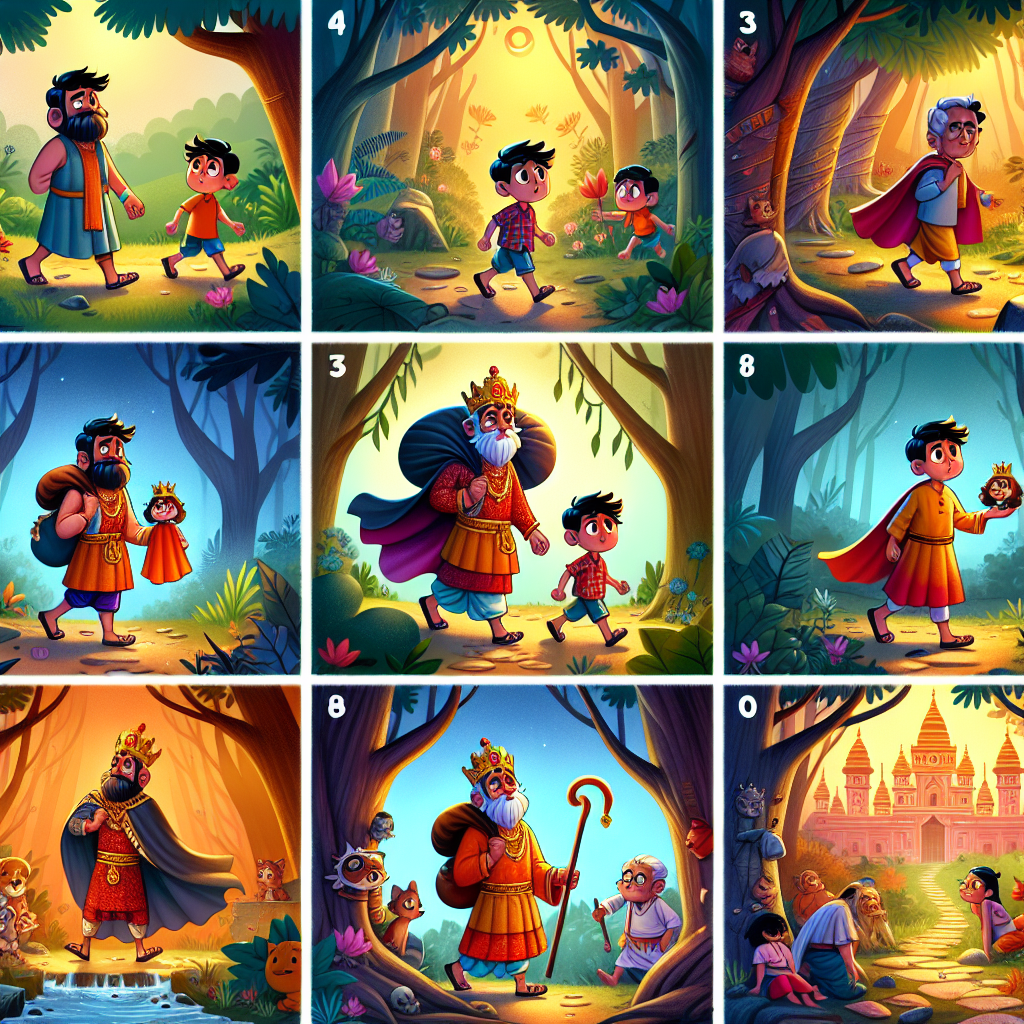 Colorful cartoon storyboard showing 8 key scenes from The King Who Lost Everything