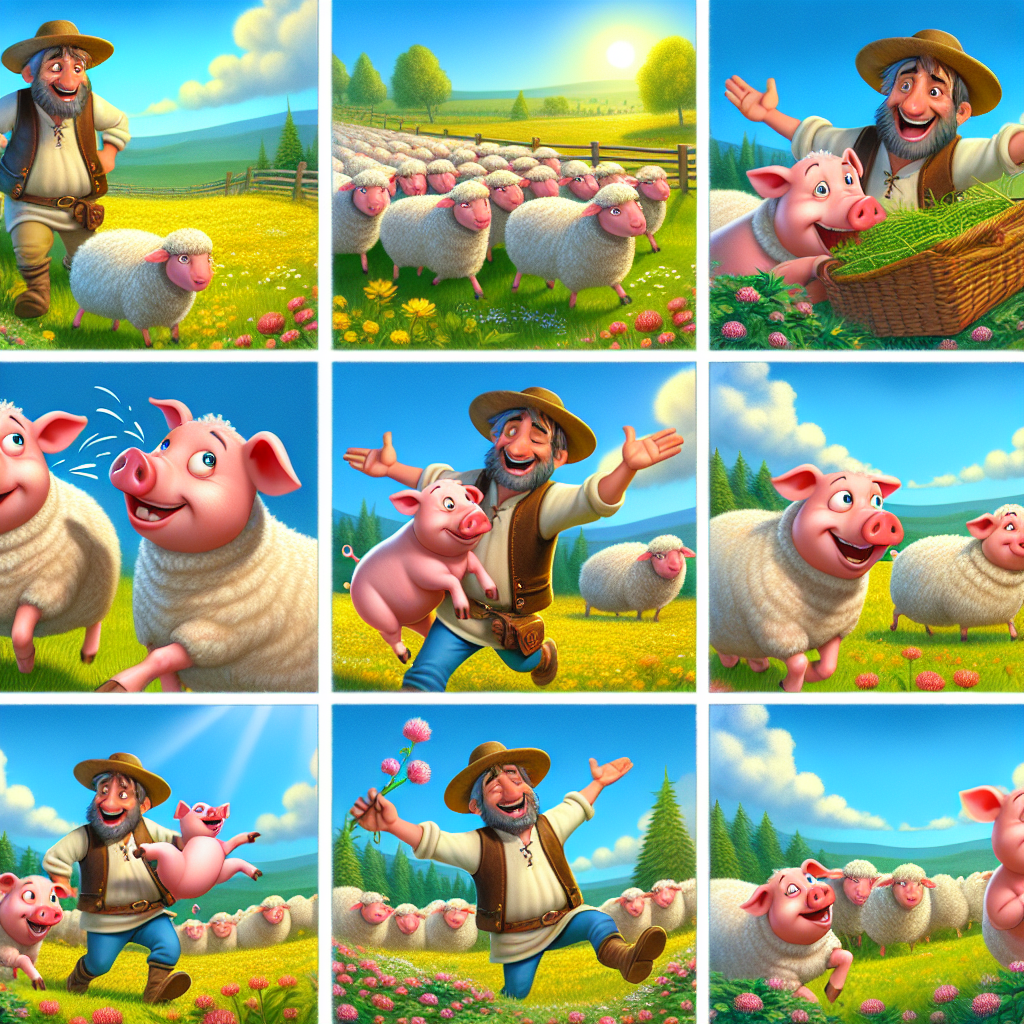 Colorful cartoon storyboard showing 8 key scenes from The Pig and the Clover