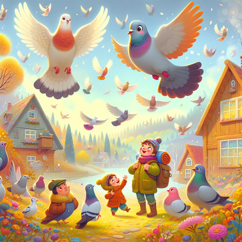 Colorful children's illustration for the story: The Pigeons United