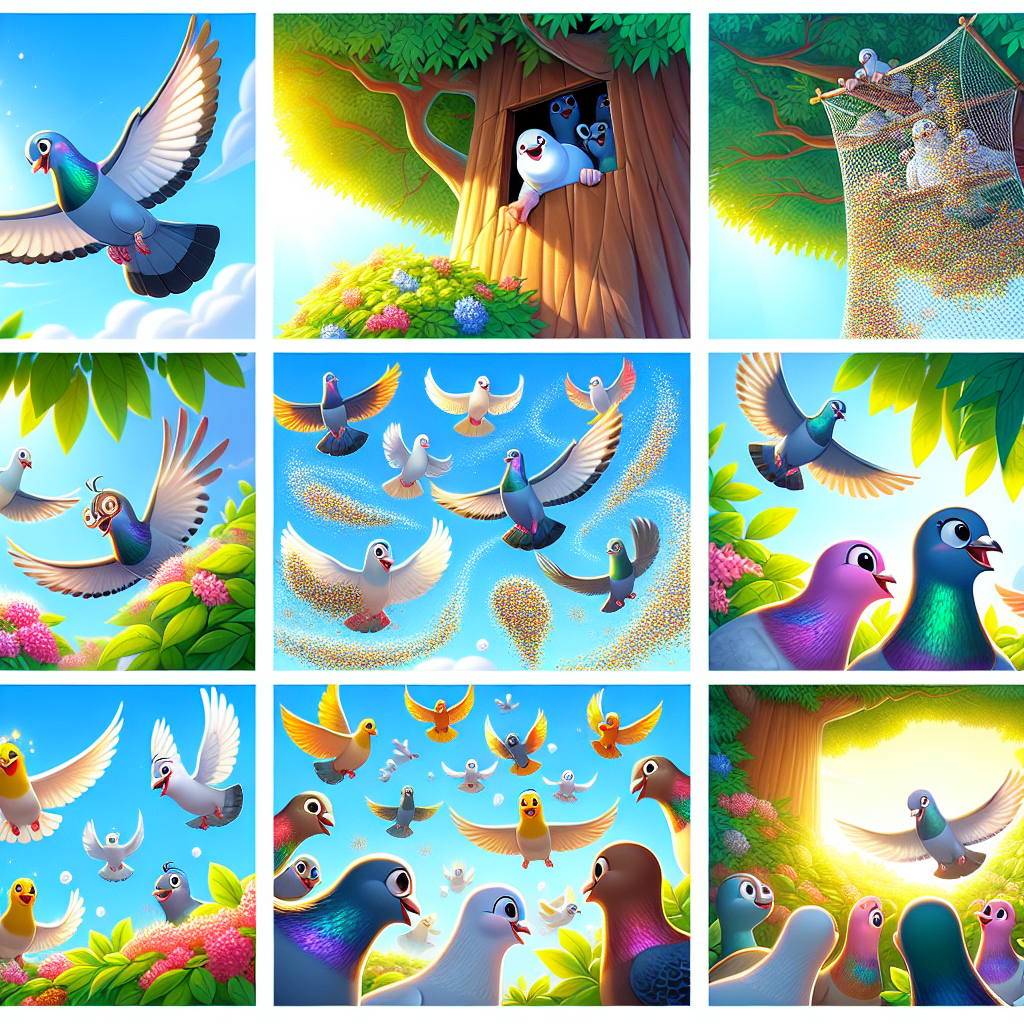 Colorful cartoon storyboard showing 8 key scenes from The Pigeons United