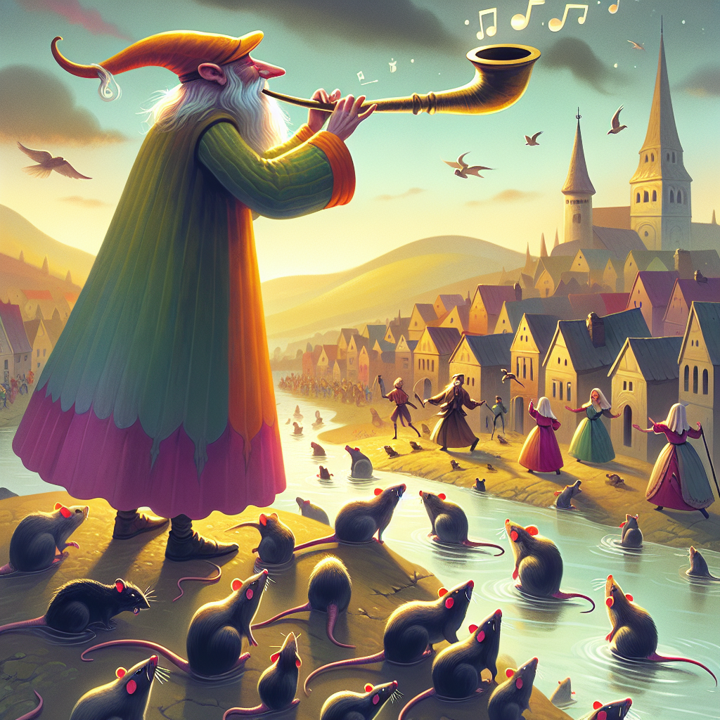 Colorful children's illustration for the story: The Pied Piper of Hamelin