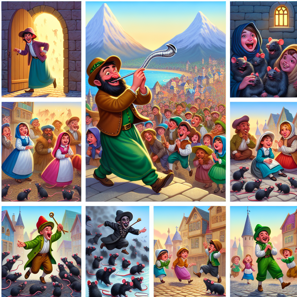 Colorful cartoon storyboard showing 8 key scenes from The Pied Piper of Hamelin