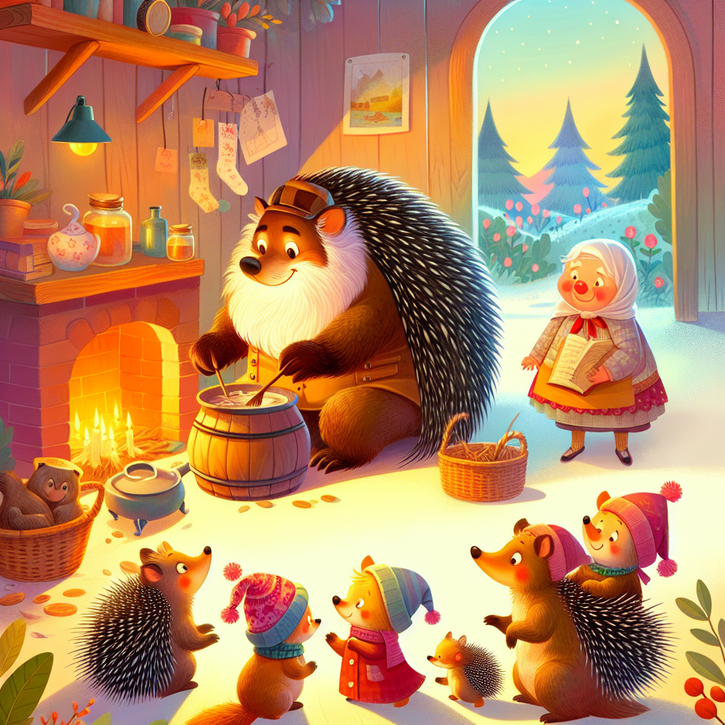 Colorful children's illustration for the story: The Porcupine and the Snakes