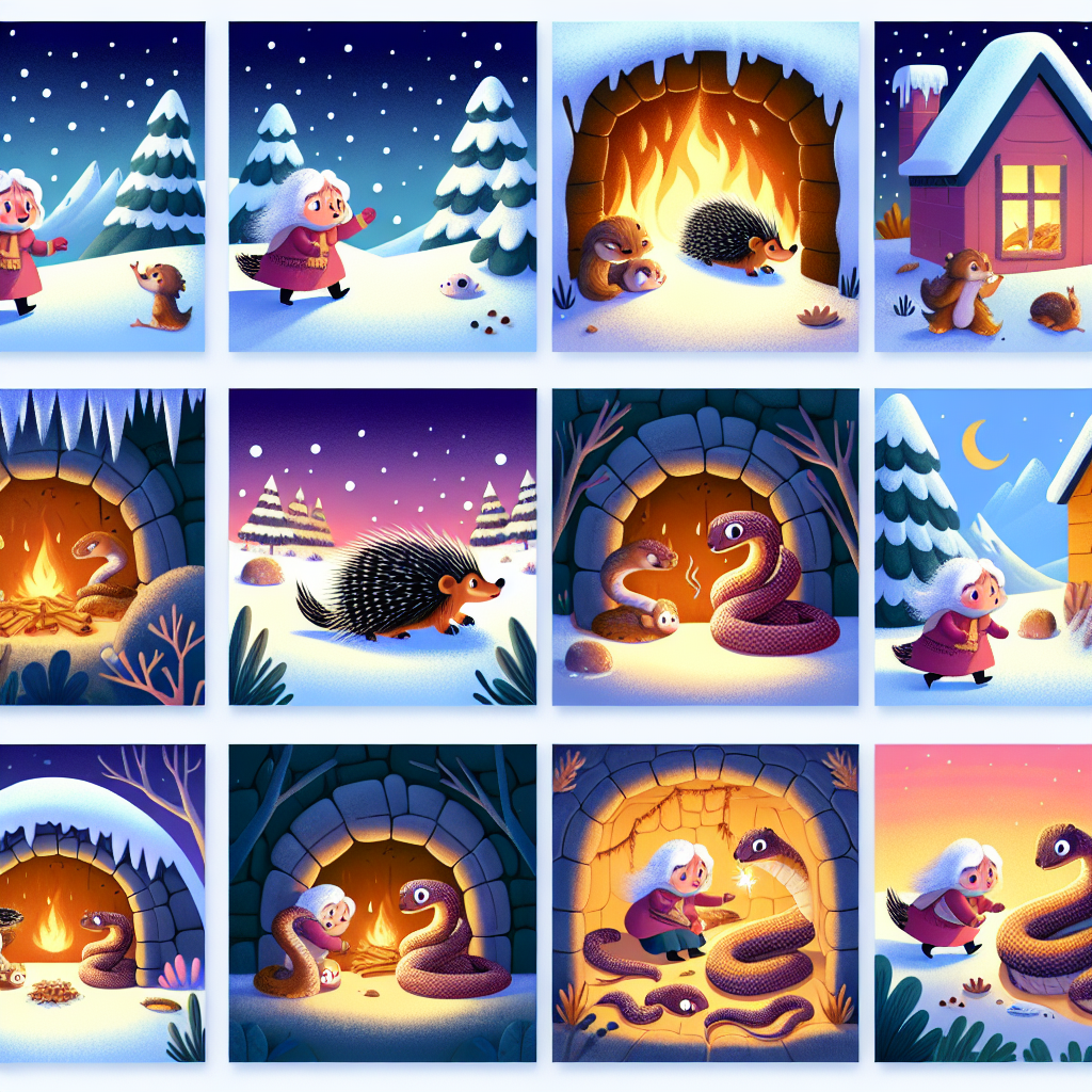 Colorful cartoon storyboard showing 8 key scenes from The Porcupine and the Snakes