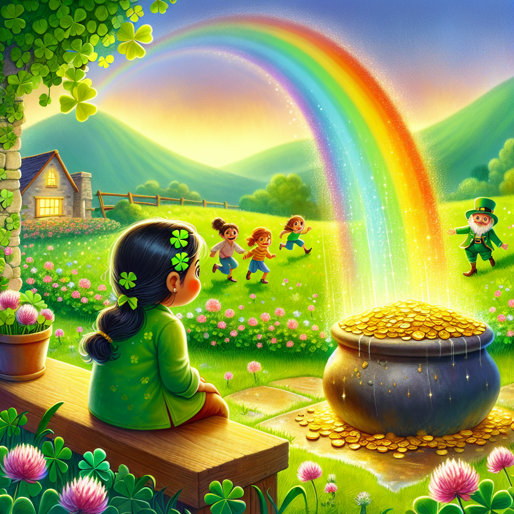 Colorful children's illustration for the story: The Pot of Gold at Rainbow's End