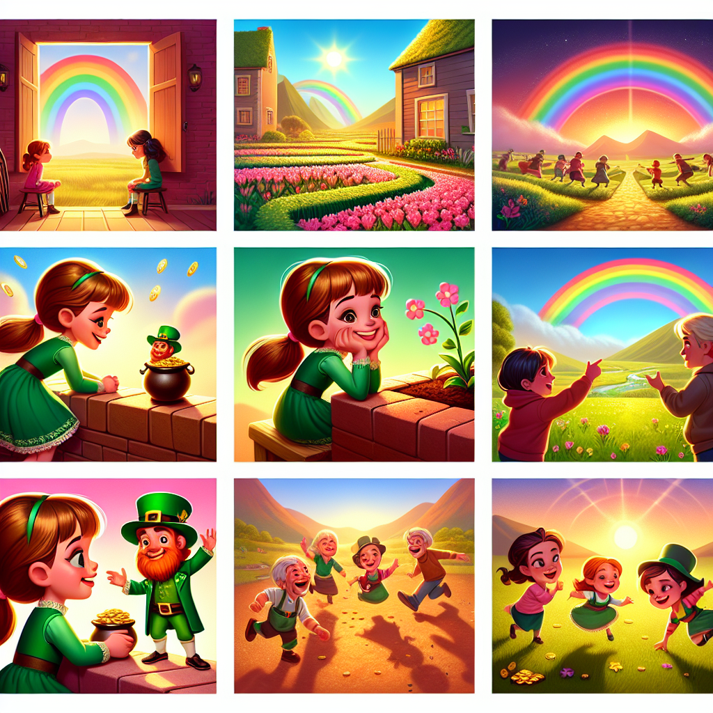 Colorful cartoon storyboard showing 8 key scenes from The Pot of Gold at Rainbow's End