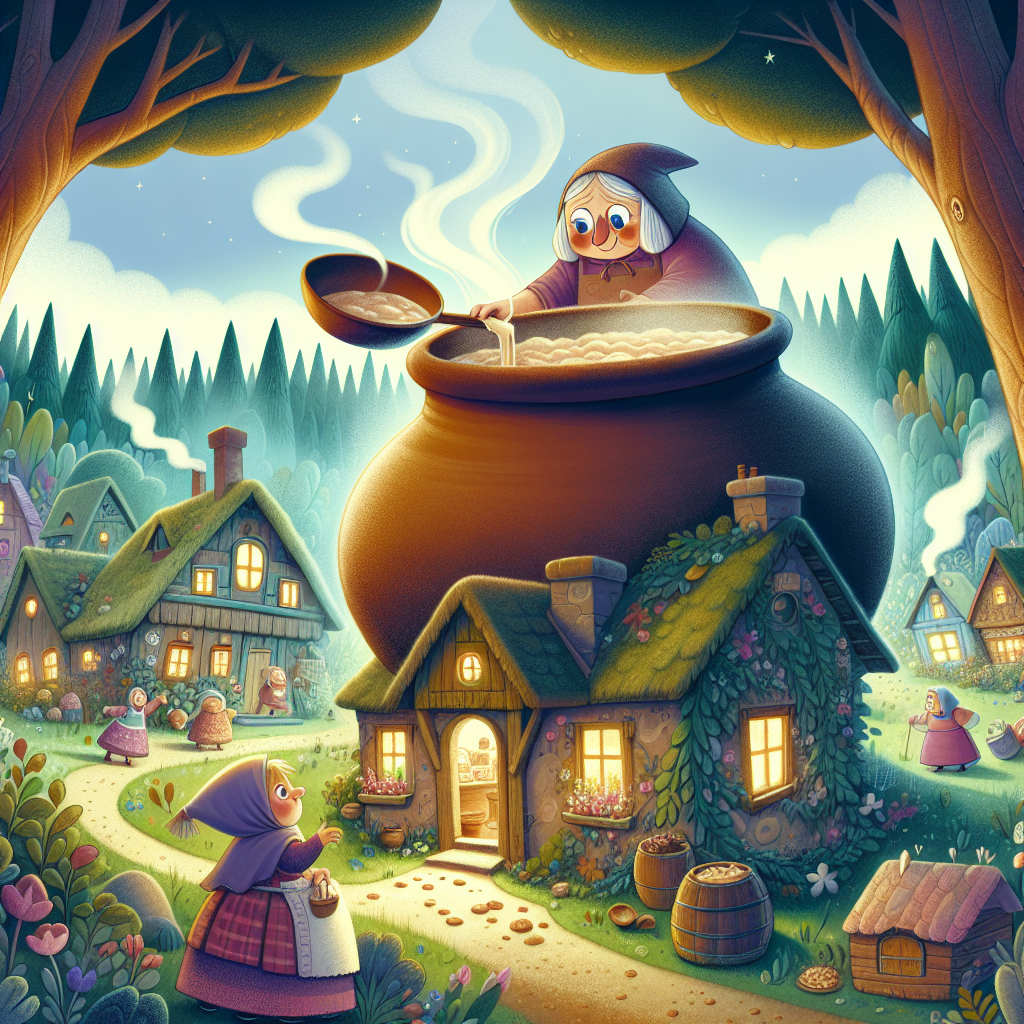 Colorful children's illustration for the story: The Magic Pot