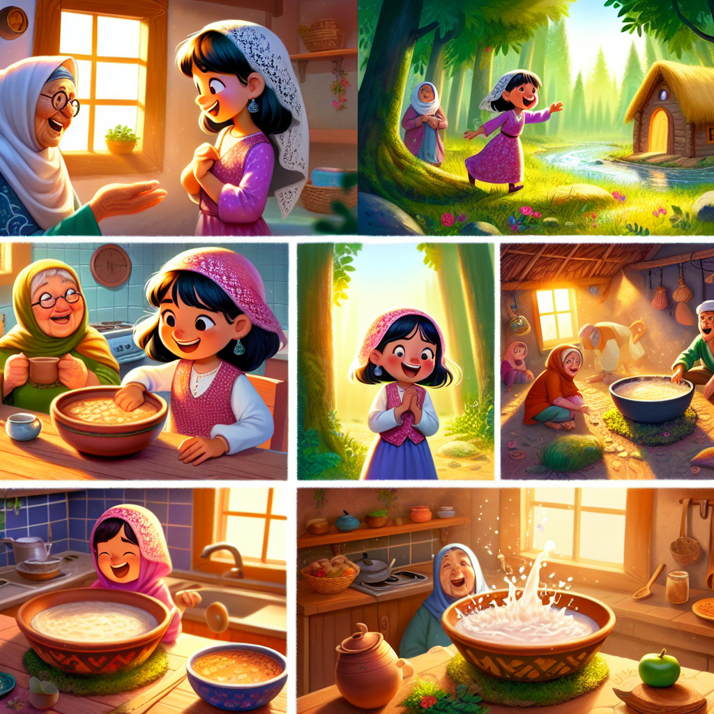 Colorful cartoon storyboard showing 8 key scenes from The Magic Pot