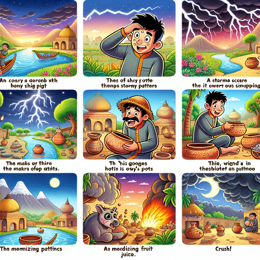 Colorful cartoon storyboard showing 8 key scenes from The Potter and His Truth