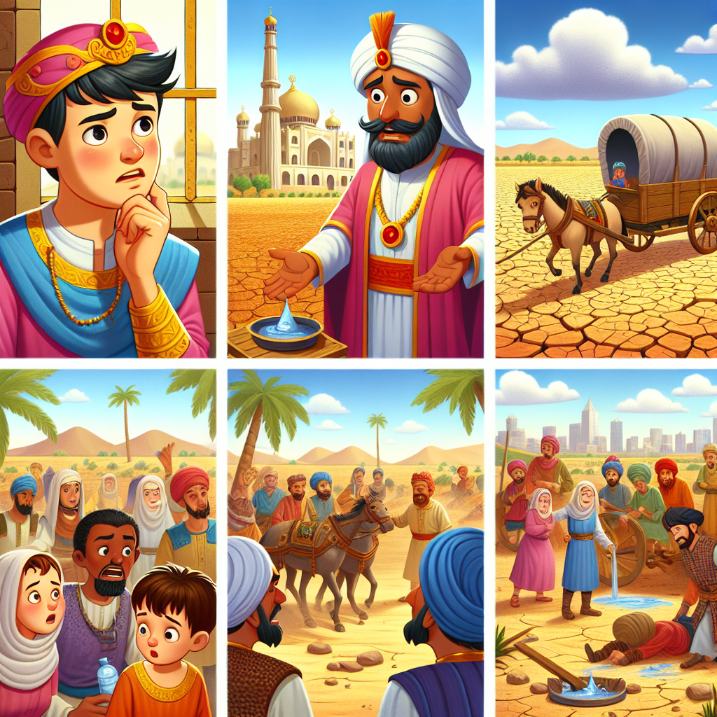 Colorful cartoon storyboard showing 8 key scenes from The Price of a Single Drop of Water