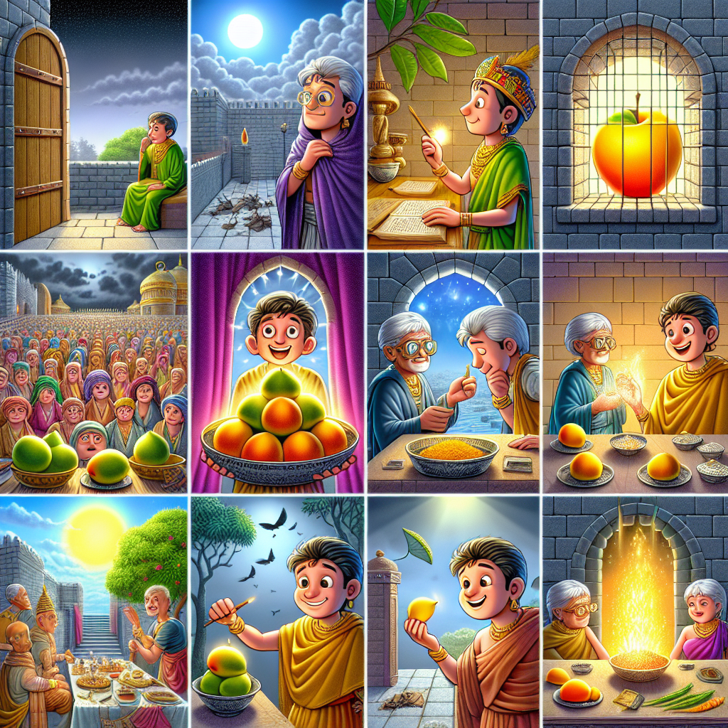 Colorful cartoon storyboard showing 8 key scenes from The Priest and the Mango