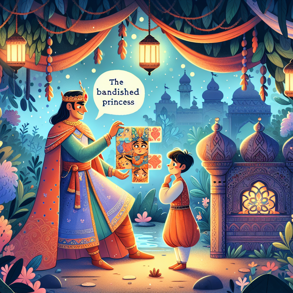 Colorful children's illustration for the story: The Prince and the Banished Princess