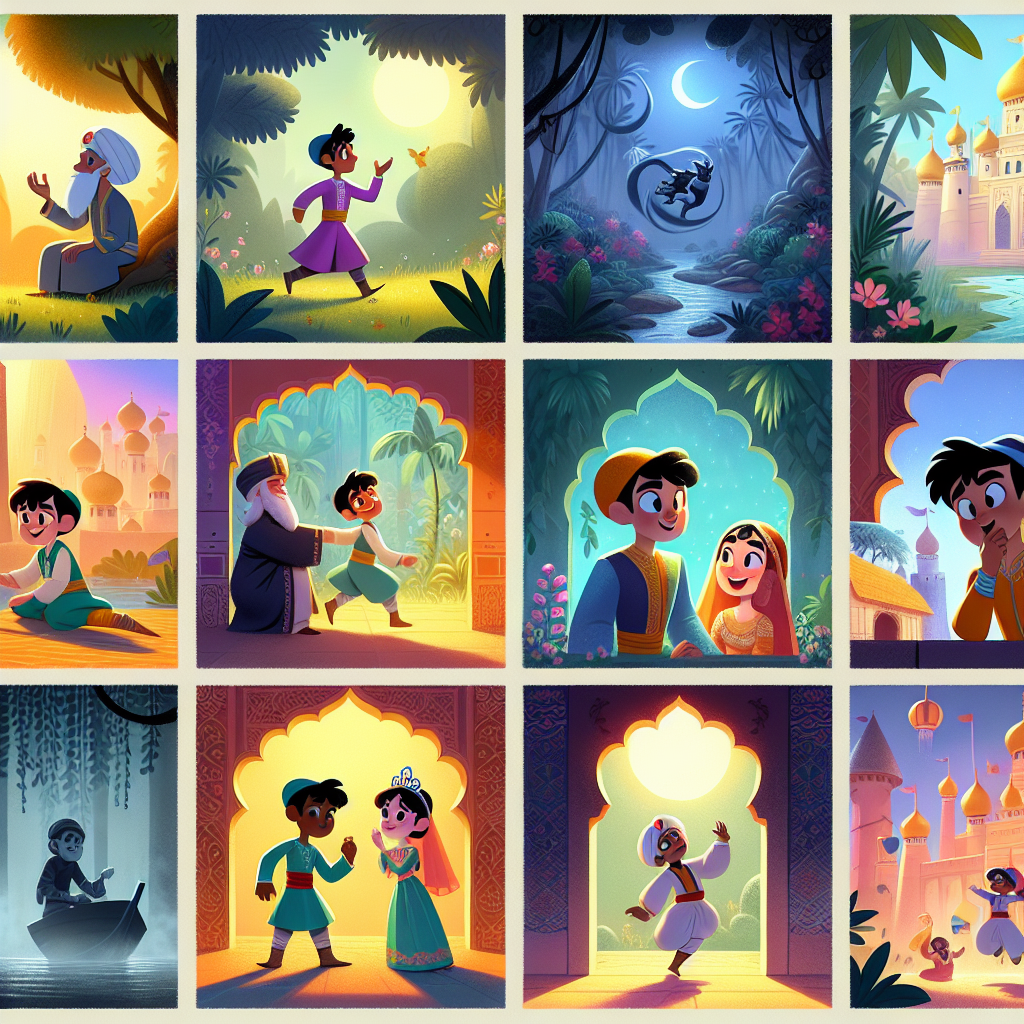 Colorful cartoon storyboard showing 8 key scenes from The Prince and the Banished Princess