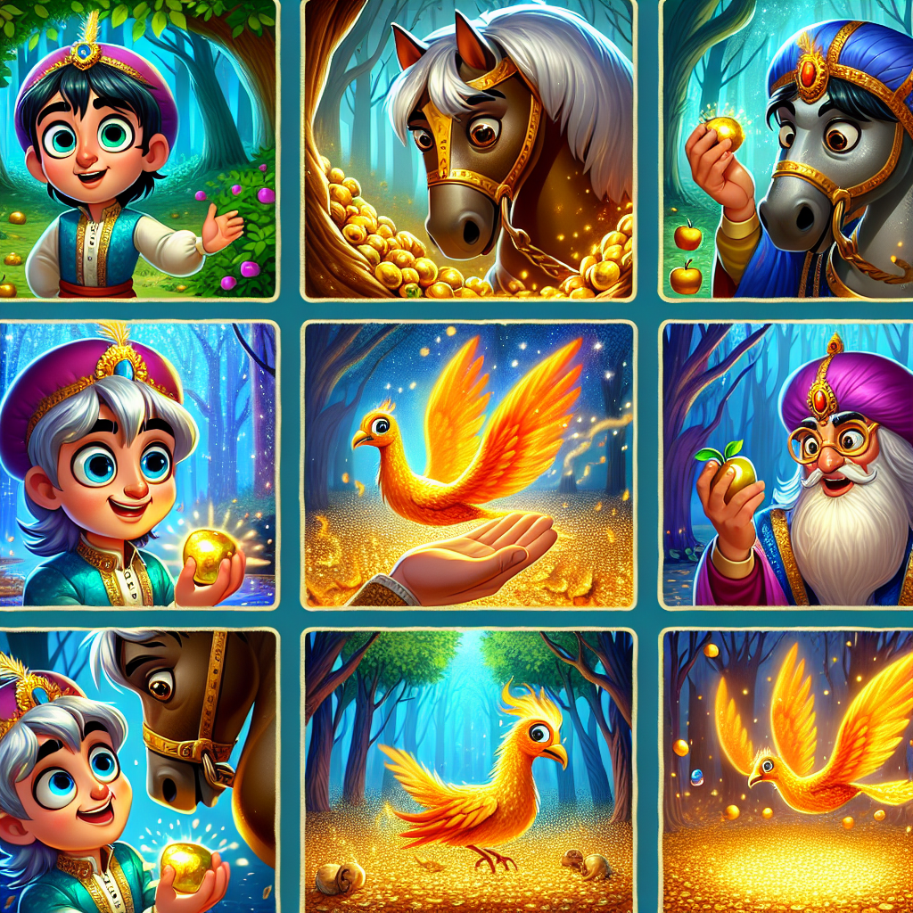 Colorful cartoon storyboard showing 8 key scenes from The Firebird