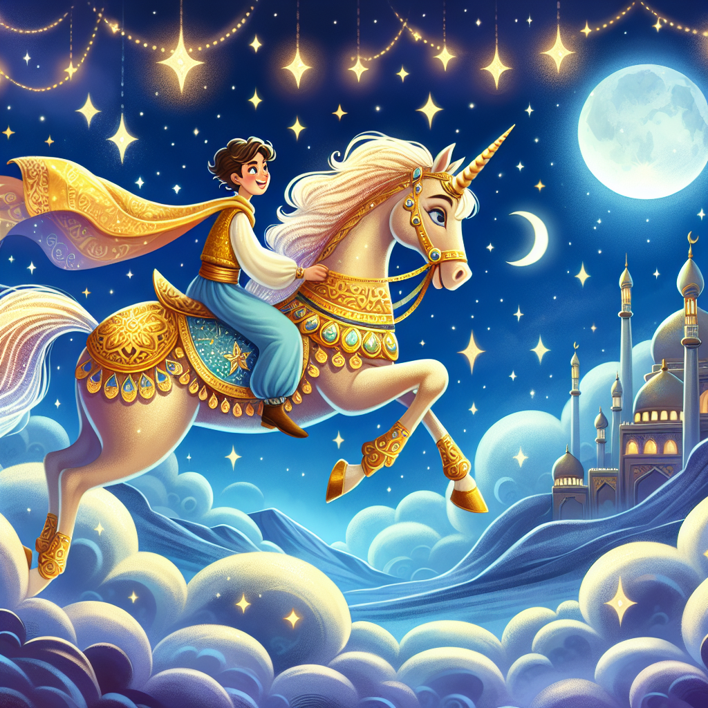 Colorful children's illustration for the story: The Princess and the Flying Horse