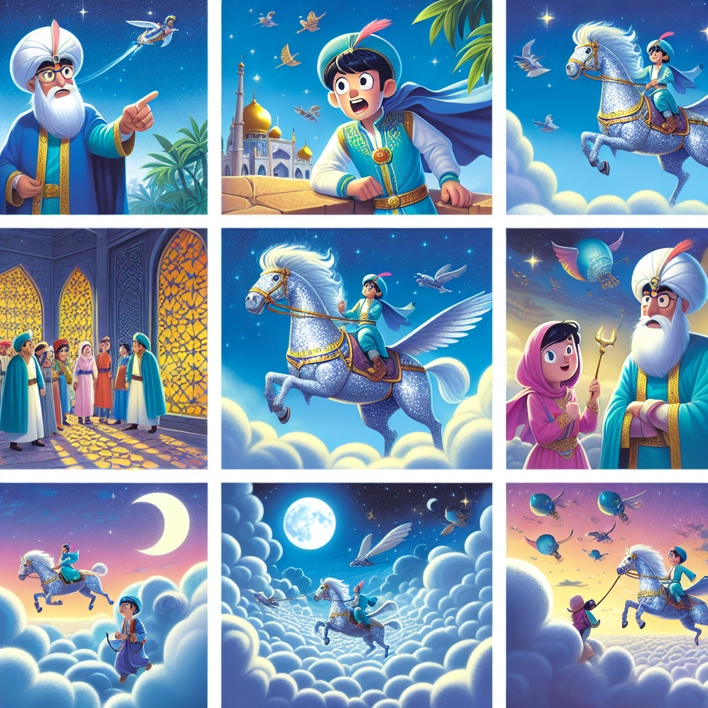 Colorful cartoon storyboard showing 8 key scenes from The Princess and the Flying Horse