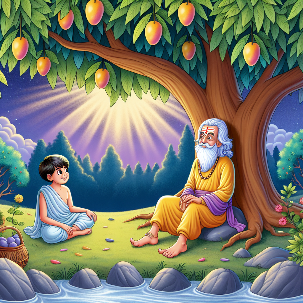 Colorful children's illustration for the story: The Prince and the Holy Man
