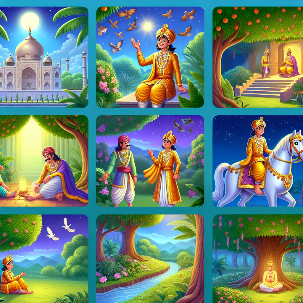 Colorful cartoon storyboard showing 8 key scenes from The Prince and the Holy Man