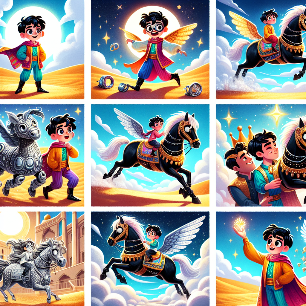 Colorful cartoon storyboard showing 8 key scenes from The Adventures of Prince Firouz