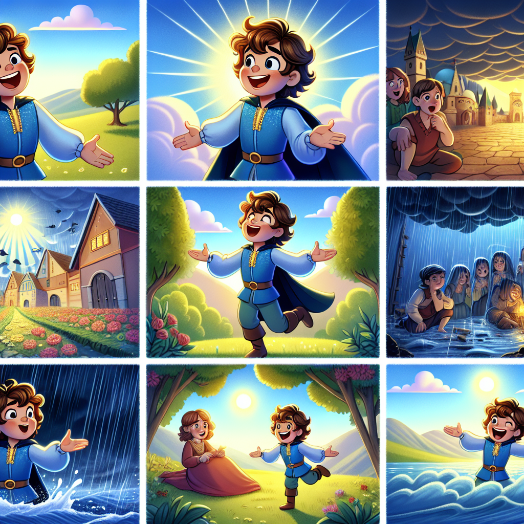 Colorful cartoon storyboard showing 8 key scenes from The Laughing Prince